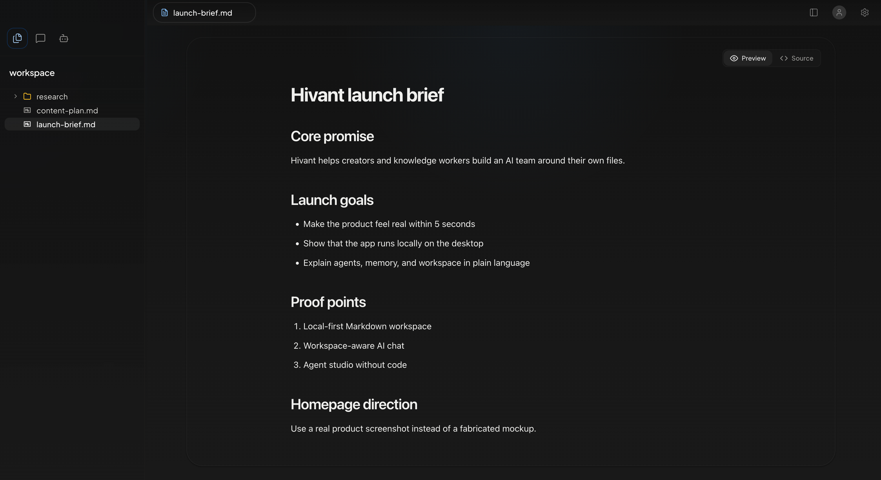Hivant desktop workspace with the file tree visible and a launch brief open in the editor.