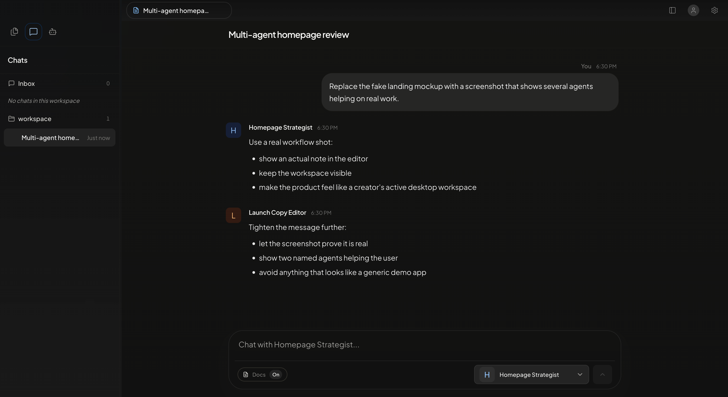 Hivant chat showing multiple named AI agents collaborating on a landing page task.